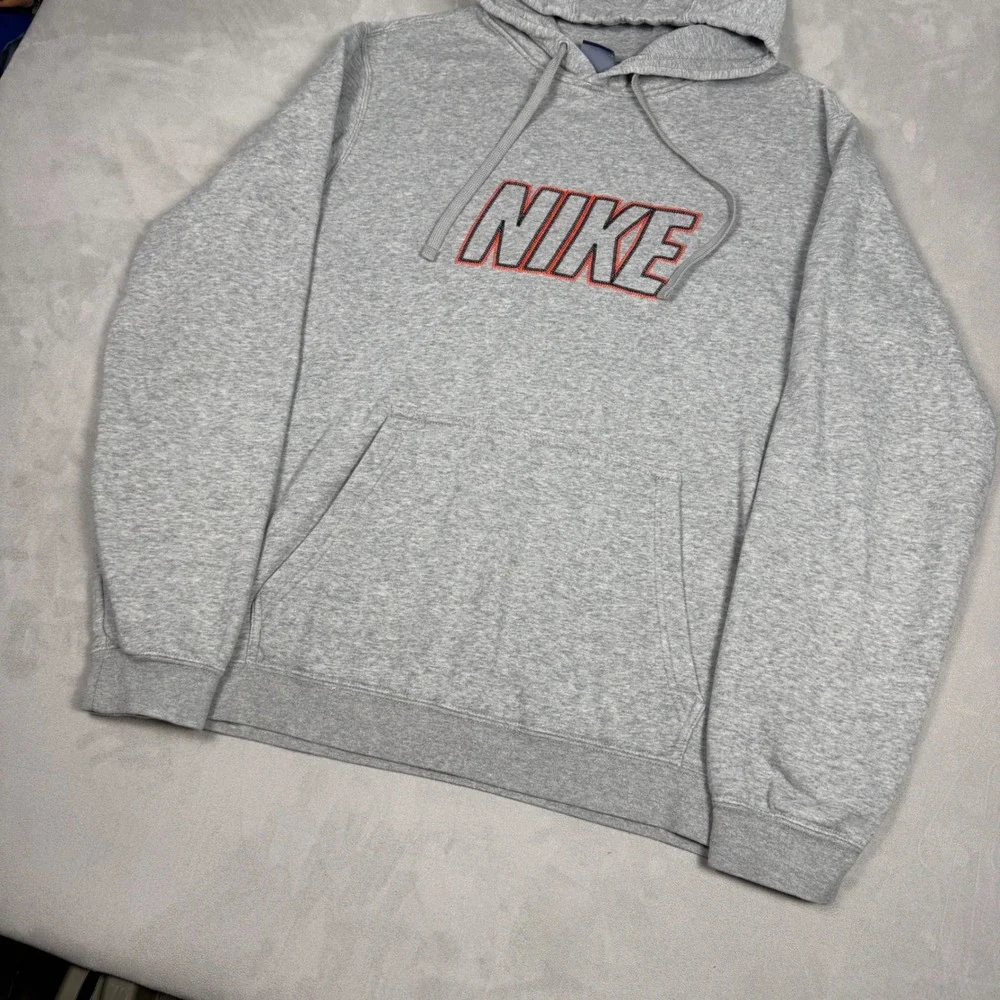 Y2K Mens Nike Spellout Embroidered Fleece Hoodie Heather Grey Large